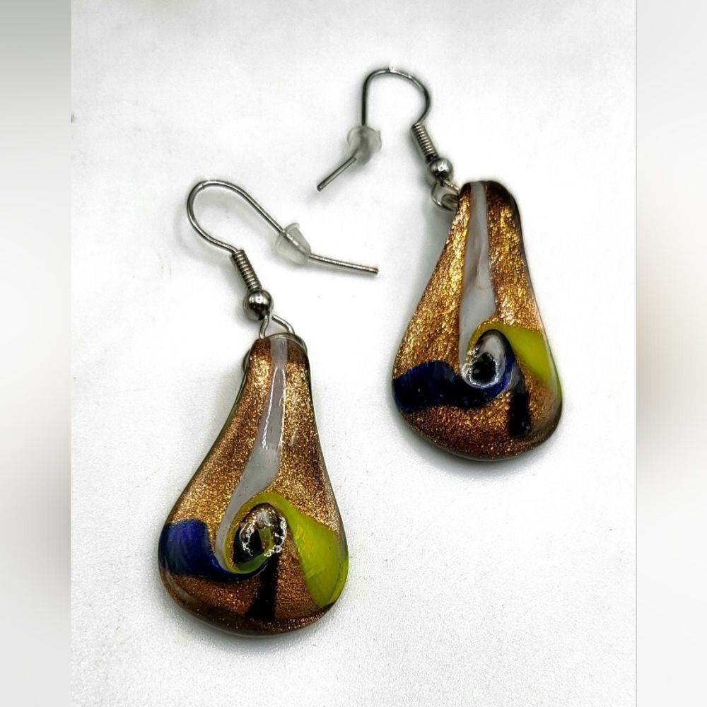 "5/$40" Vintage Dichroic Art Glass Gold Foil Dangle Earrings